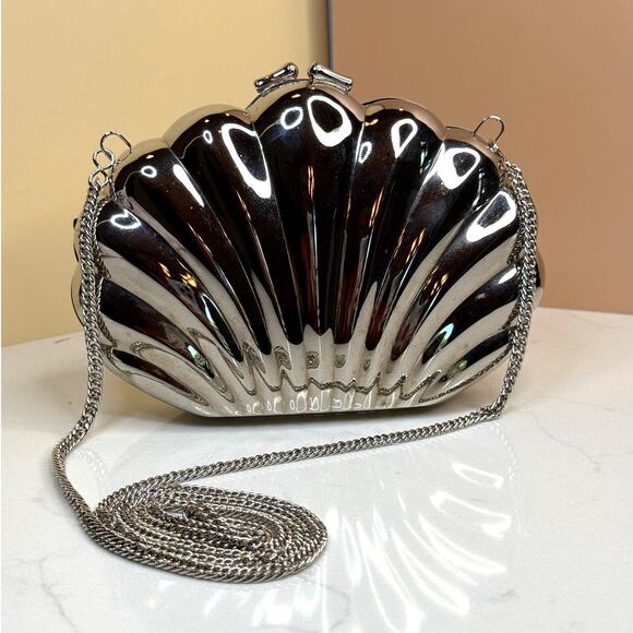 Metal Shell Evening Clutch Shoulder Purse Metal Strap - Picture 1 of 8
